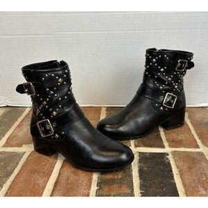 INC INTERNATIONAL CONCEPTS Black Leather And‎ Gold Studded Ankle Boots 6.5